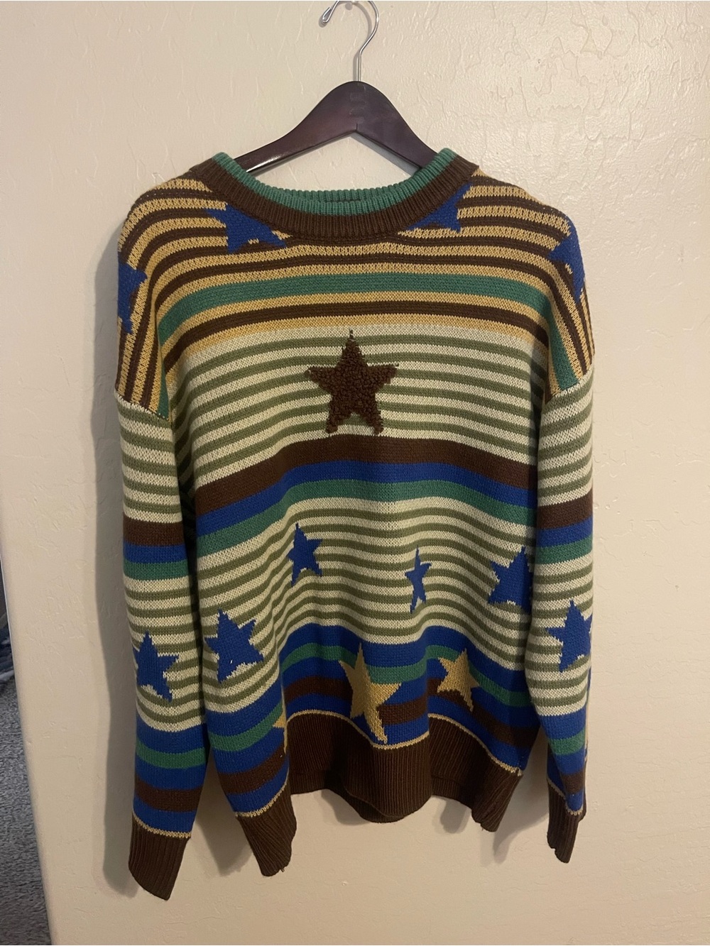 Striped Star Pattern Crewneck Sweater - Green, Blue & Brown whimsical
